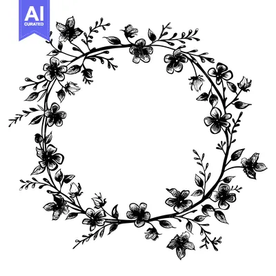 Aset premium populer: Black and White Hand-Drawn Floral Wreath with Empty Center