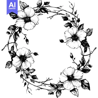 Aset premium populer: Black and White Floral Wreath with Detailed Flowers and Leaves