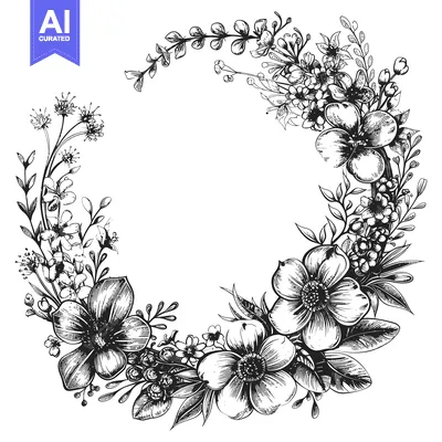 Premium design asset: Hand-Drawn Floral Wreath with Detailed Black and White Flowers