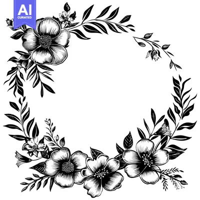 Aset premium populer: Black and White Floral Wreath with a Circular Opening
