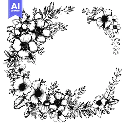 Aset premium populer: Black and White Floral Corner Border with Blooming Flowers and Foliage