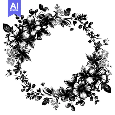 Aset desain premium: Black and White Floral Wreath with Circular Space