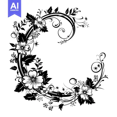 Aset desain premium: Black and White Floral Design with Swirling Vines and Flowers