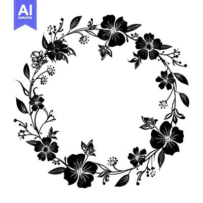 Popular premium asset: Black and White Floral Wreath with Delicate Flowers and Leaves