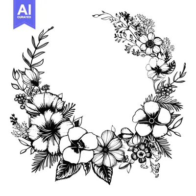 Premium design asset: Black and White Floral Border with Detailed Flowers and Leaves