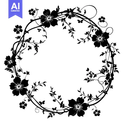 Aset desain premium: Black and White Floral Wreath with Flowers and Leaves