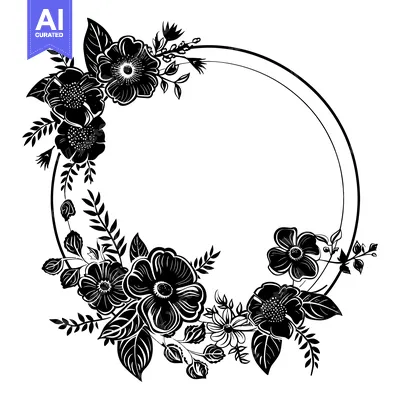 Aset desain premium: Black and White Floral Wreath with Circular Frame