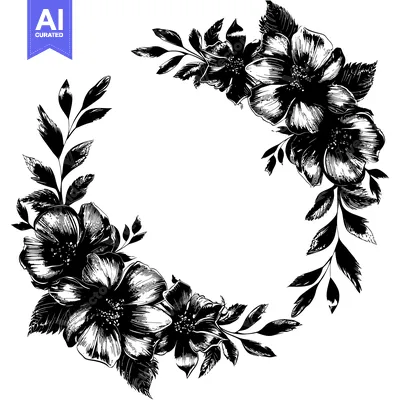 Aset desain premium: Black and White Floral Wreath with Blank Center