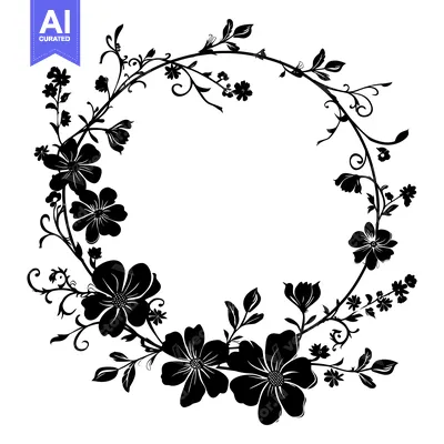 Aset desain premium: Black and White Floral Wreath with a Circular Frame