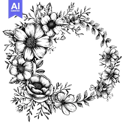 Aset premium populer: Black and White Floral Wreath with Open Space in the Center