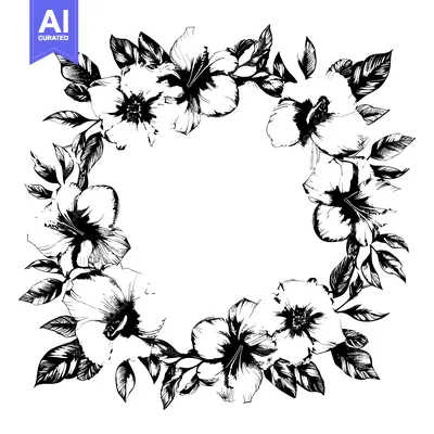 Premium design asset: Black and White Floral Wreath with Empty Center