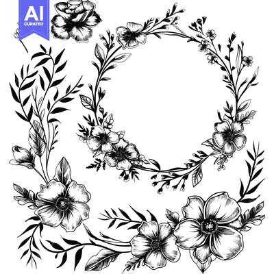 Aset premium populer: Black and White Floral Arrangement with Detailed Flowers and Leaves