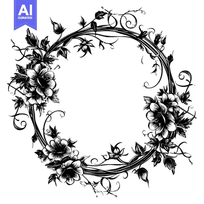 Aset premium populer: Black and White Floral Wreath with Intricate Vine Detail