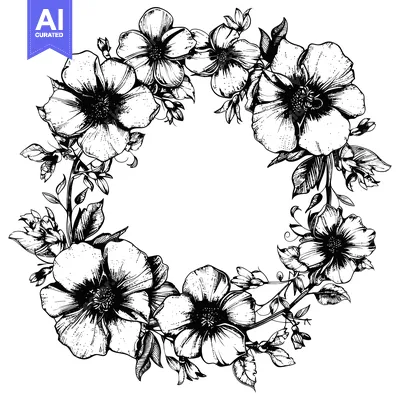 Aset desain premium: Black and White Floral Wreath with Detailed Flower Petals and Leaves