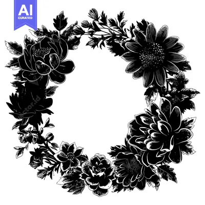 Premium design asset: Black and White Floral Wreath with Large Flowers and Leaves