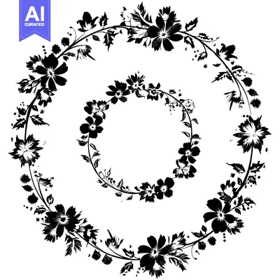 Aset desain premium: Two Black and White Floral Wreaths with Detailed Petals and Leaves