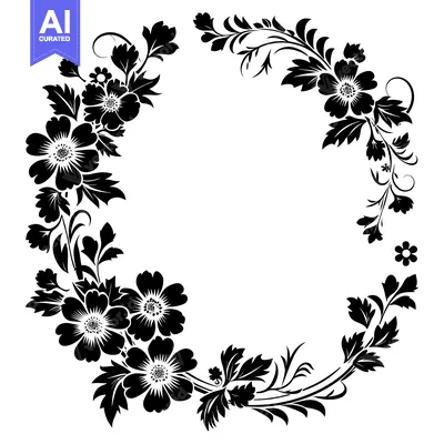 Aset desain premium: Black and White Floral Frame with Detailed Flower Blooms and Twigs
