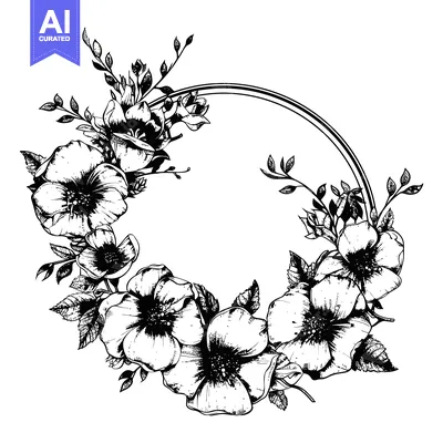Aset desain premium: Black and White Floral Wreath with Circular Frame