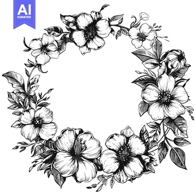Aset desain premium: Black and White Hand-Drawn Floral Wreath with Detailed Flower and Leaf