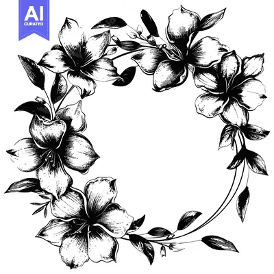 Aset desain premium: Hand-drawn Black and White Floral Wreath with Empty Center