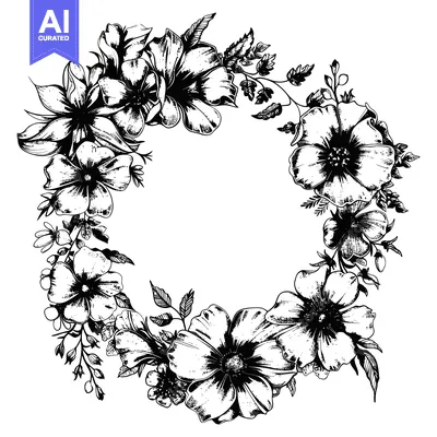 Aset premium populer: A Black and White Floral Wreath with Delicate Flowers and Foliage
