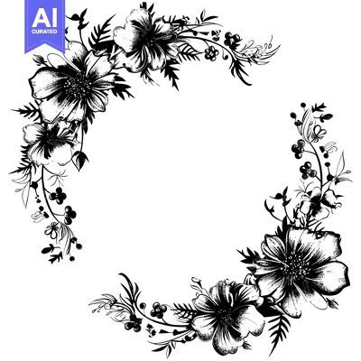 Download Black and White Floral Wreath with a Circular Empty Center Vector Graphic