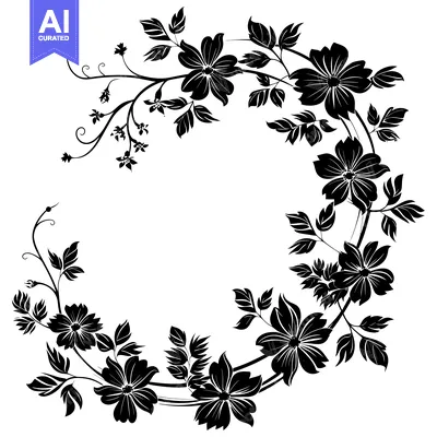 Download Black and White Floral Wreath with a Circular Shape Vector Graphic