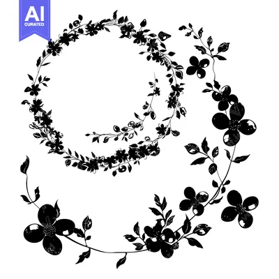 Aset desain premium: Black and White Floral Wreath with Delicate Flowers and Leaves
