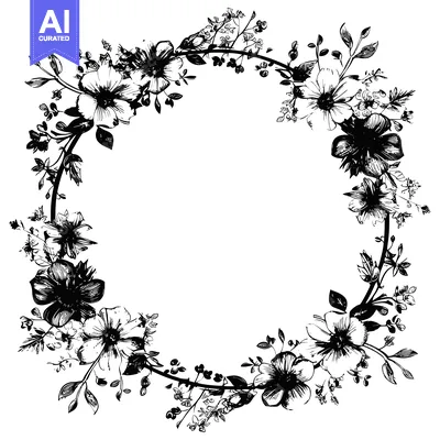 Download Black and White Floral Wreath with Empty Center Vector Graphic