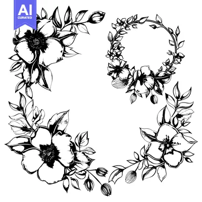 Aset premium populer: Black and White Floral Frame with Delicate Flowers and Leaves