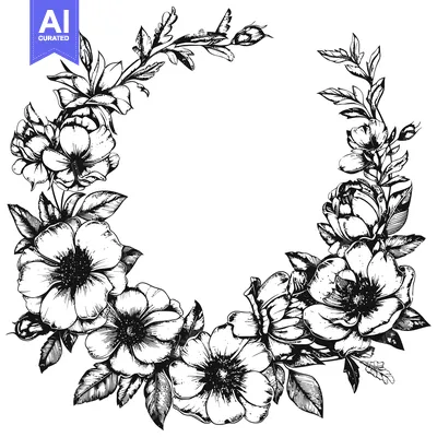 Download Black and White Hand Drawn Floral Wreath Vector Graphic