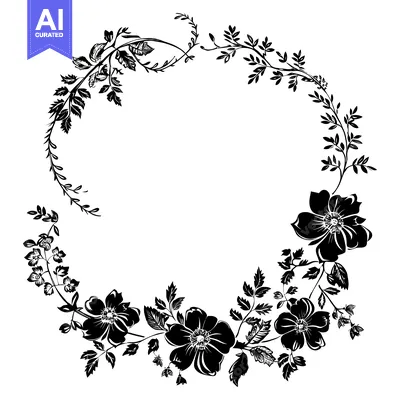 Download Black and White Floral Wreath with Blooming Flowers and Leaves Vector Graphic