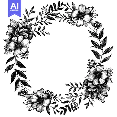 Download Black and White Hand-Drawn Floral Wreath with Delicate Flowers and Lea Vector Graphic