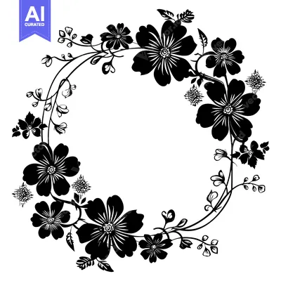 Aset premium populer: Black and White Floral Wreath with Delicate Flowers and Leaves
