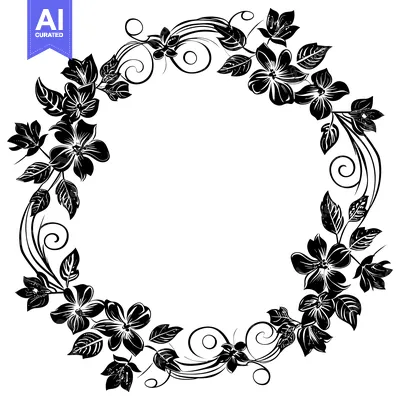 Popular premium asset: Black and White Floral Wreath with Swirls and Leaves