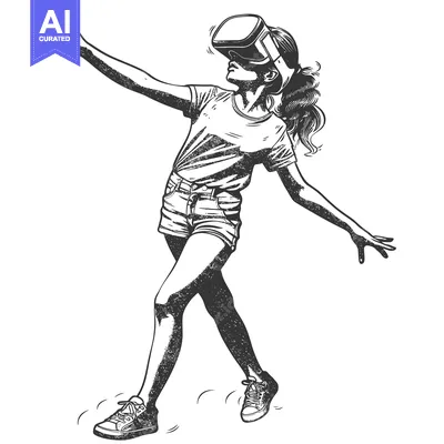 Download Woman Wearing Virtual Reality Headset Reaching Up with One Hand Vector Graphic
