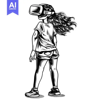 Aset desain premium: A young woman wearing a VR headset and shorts, standing with her back