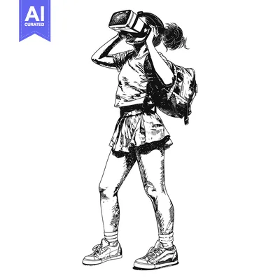 Premium design asset: A sketch of a woman wearing a VR headset and a backpack