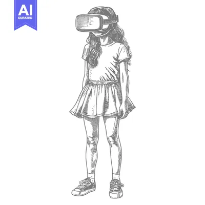 A girl wearing a VR headset, standing with her hands at her sides