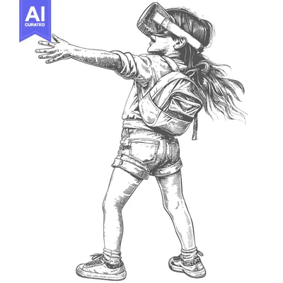 Aset premium populer: Young Girl Wearing VR Headset, Reaching Out With Hand