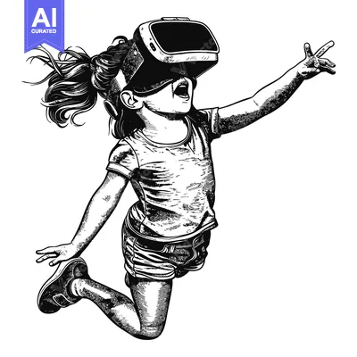 Popular premium asset: Young girl wearing a virtual reality headset, jumping in the air with