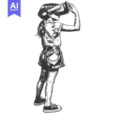Premium design asset: Girl Wearing Virtual Reality Headset, Engrossed in Digital Experience