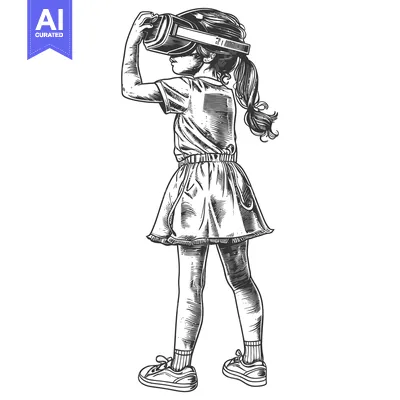 Aset premium populer: A young girl wearing a VR headset, looking up, standing in a casual po