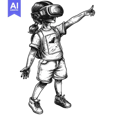 A girl wearing a virtual reality headset, with one arm outstretched an