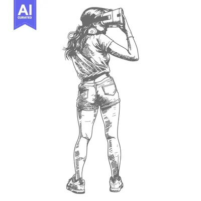 Aset premium populer: A woman wearing a VR headset and shorts, standing with her back to the