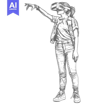 Aset premium populer: Hand-drawn Sketch of a Woman Wearing a VR Headset, Reaching Out