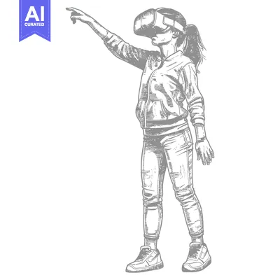 Aset premium populer: A hand-drawn illustration of a woman wearing a VR headset and pointing