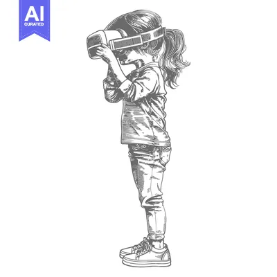 Aset desain premium: Girl Wearing Virtual Reality Headset and Looking Up