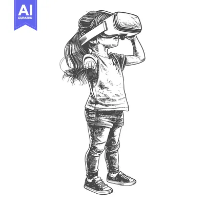A young girl wearing a virtual reality headset and looking up