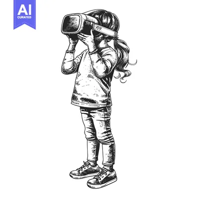 Aset desain premium: Girl Wearing Virtual Reality Headset Looking Up